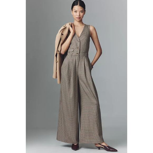 Anthropologie Pants - Anthropologie Brown Plaid Wide-Leg Jumpsuit